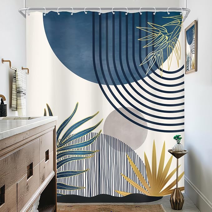 Mid Century Boho Abstract Modern Sun Minimalist Bathroom Shower Curtain Set | 60Wx72L Arch Curve design, waterproof HD print with fast-drying fabric and 12 hooks.