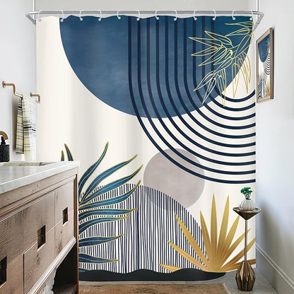 Mid Century Boho Abstract Modern Sun Minimalist Bathroom Shower Curtain Set | 60Wx72L Arch Curve design, waterproof HD print with fast-drying fabric and 12 hooks.