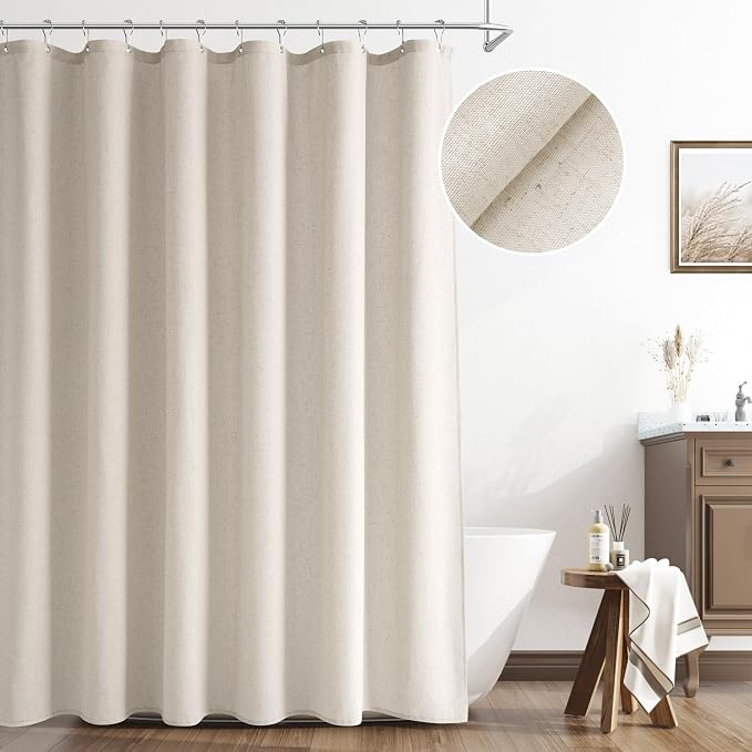 Apricot Linen Shower Curtain, Cloth Textured Fabric Shower Curtain Set with Hooks, Simple Elegant Modern Farmhouse Country Ultra Thick Bath Curtains for Bathroom,Water Repellent,72x72