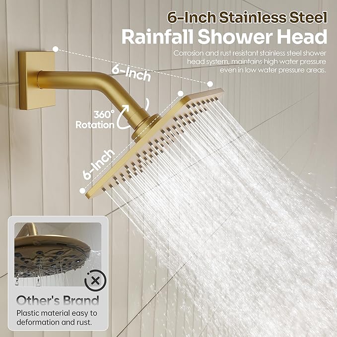 Gold Shower Faucet Set, Brushed Gold Shower System, 10'' Ceiling Shower Head and 6'' Wall Mounted ShowerHead, Dual Gold Shower Head with Handheld Combo, 3 In 1 Push Button Shower Diverter Valve