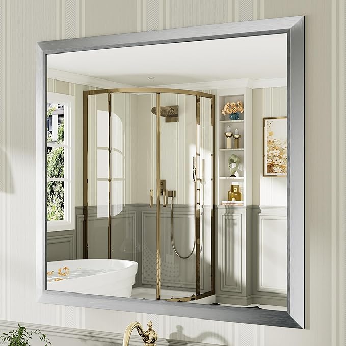 40x38 Inch Brushed Silver Bathroom Mirror for Wall, Thick Metal Framed Rectangle Mirrors for Over Sink, Bedroom, Living Room, Entryway, Anti-Rust, HD Tempered Glass