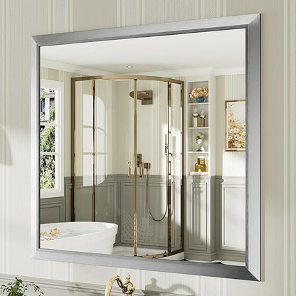 40x38 Inch Brushed Silver Bathroom Mirror for Wall, Thick Metal Framed Rectangle Mirrors for Over Sink, Bedroom, Living Room, Entryway, Anti-Rust, HD Tempered Glass