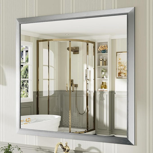 40x38 Inch Brushed Silver Bathroom Mirror for Wall, Thick Metal Framed Rectangle Mirrors for Over Sink, Bedroom, Living Room, Entryway, Anti-Rust, HD Tempered Glass
