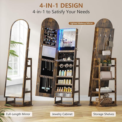 HWB Arched LED Jewelry Cabinet with Full-Length Mirror & Storage Shelves
