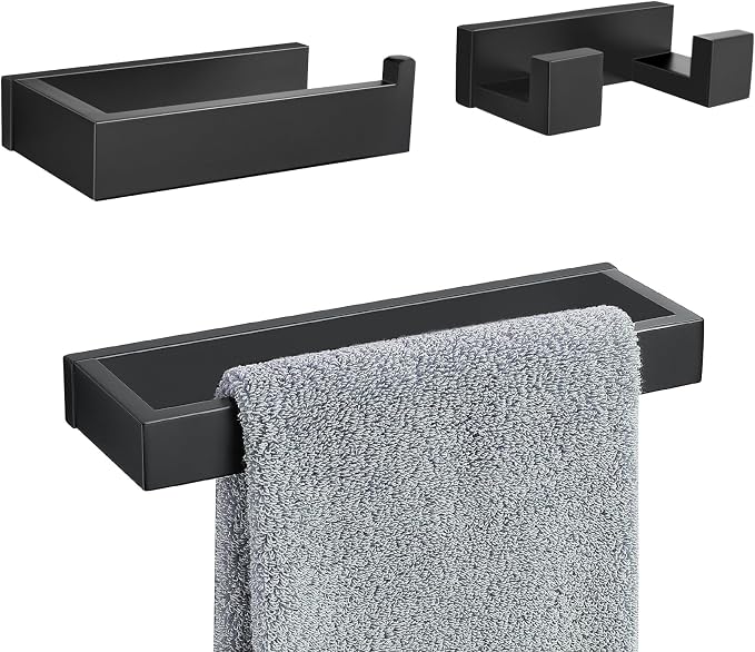 Matte Black Bathroom Accessories, Toilet Paper Holder, Towel Bar and Hook | Lairuier 3 Pieces Bathroom Hardware Set, SUS304 Stainless Steel Towel Holder Set Toilet Paper Holder Robe Hook Wall Mounted