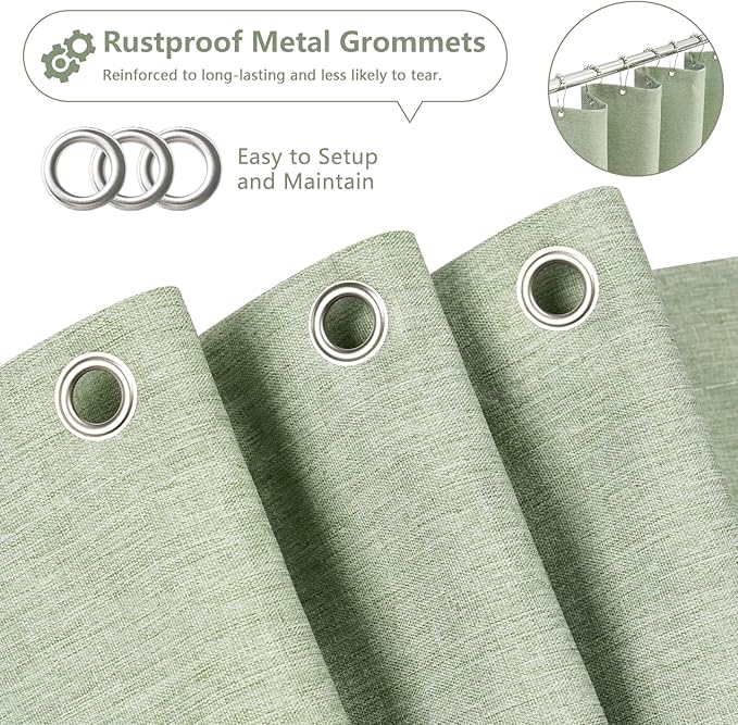Natural Sage Green Linen Look Fabric Shower Curtain, Heavy Duty Faux Linen Textured Shower Curtain Water-Resistant, 72 x 72 Inch Soothing Forest Green Farmhouse Bathroom Decor Shower Curtains
