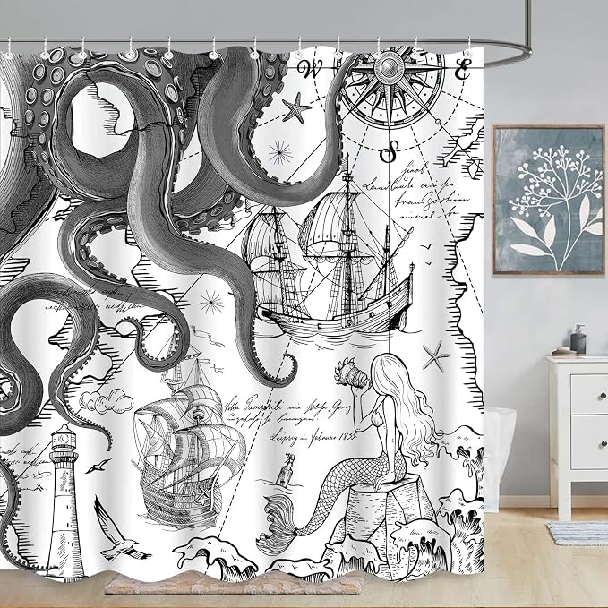 Fungarth Black Gray Nautical Octopus Shower Curtain Grey Mermaid Funny Ocean Kraken Shower Curtains for Bathroom Cool Anchor Coastal Map Waterproof Fabric Bath Curtain with Hooks (Gray, 72” x 72”)