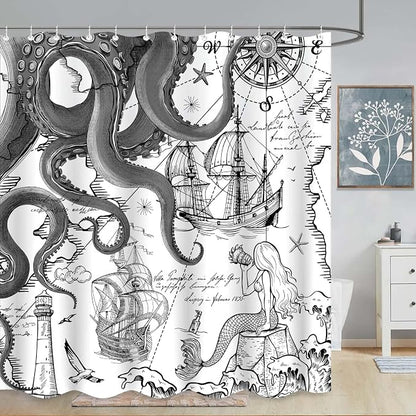 Fungarth Black Gray Nautical Octopus Shower Curtain Grey Mermaid Funny Ocean Kraken Shower Curtains for Bathroom Cool Anchor Coastal Map Waterproof Fabric Bath Curtain with Hooks (Gray, 72” x 72”)