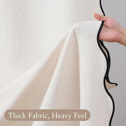 Linen Scallop Shower Curtain with 12 Clear Hooks, Waterproof, 72x78, Cream | Heavy Duty Waterproof Fabric with Black Border, Cute Modern Farmhouse Bathroom Décor