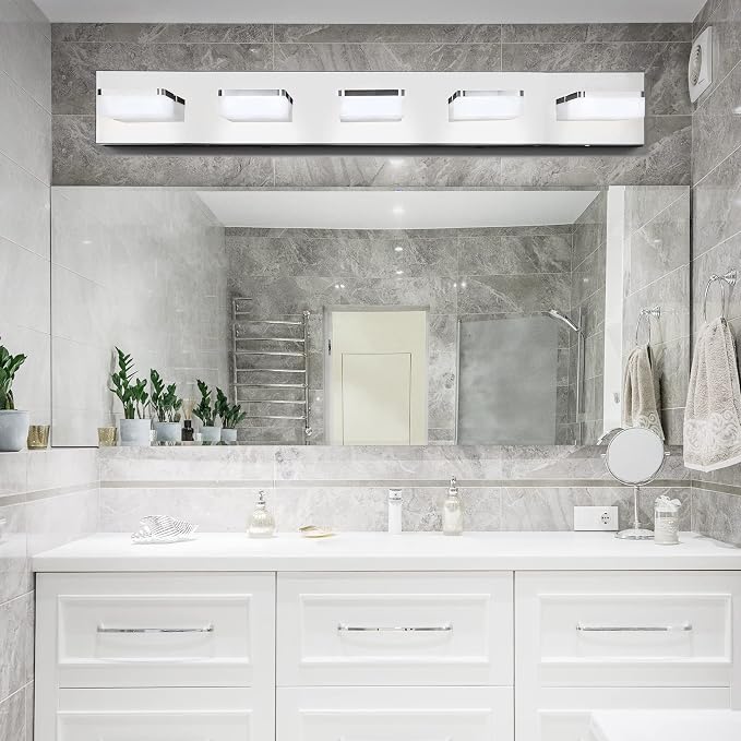 3 Colors Dimmable Bathroom Light Fixtures over Mirror LED Chrome Vanity Lighting Fixtures Acrylic Stainless Steel 5 Light Bathroom Vanity Light Fixtures, Adjustable 3000K/4000K/6000K, 360° Rotate