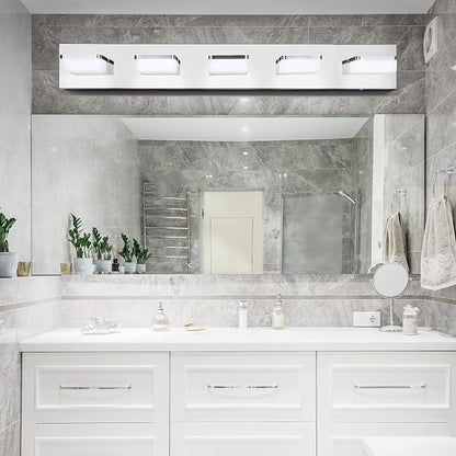 3 Colors Dimmable Bathroom Light Fixtures over Mirror LED Chrome Vanity Lighting Fixtures Acrylic Stainless Steel 5 Light Bathroom Vanity Light Fixtures, Adjustable 3000K/4000K/6000K, 360° Rotate