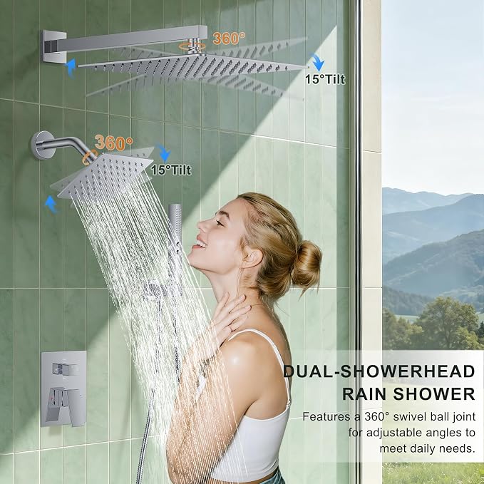 Rain Shower System with Rough-in Valve, Wall Mount Shower Faucet Set with 12" & 6" Dual Rain Shower Heads, 2-in-1 Handheld Shower, Tub Spout, 4-Function Complete Shower Fixture, Chrome