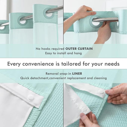 No Hook Shower Curtain with Snap-in Liner, Embossed Waffle Design Fabric Shower Curtain for Bathroom, Soft & Lightweight, 71x74, Sky Blue
