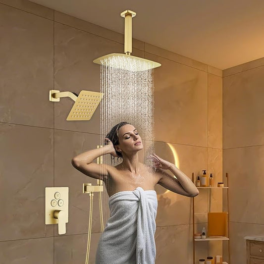 Brushed Gold Rainfall Shower System with Push-Button Diverter, Square UFO Rain Shower Trim Kit for Ceiling and Wall Mount, 2-Function Handheld Shower, Rough-in Valve, and Shower Faucet Set