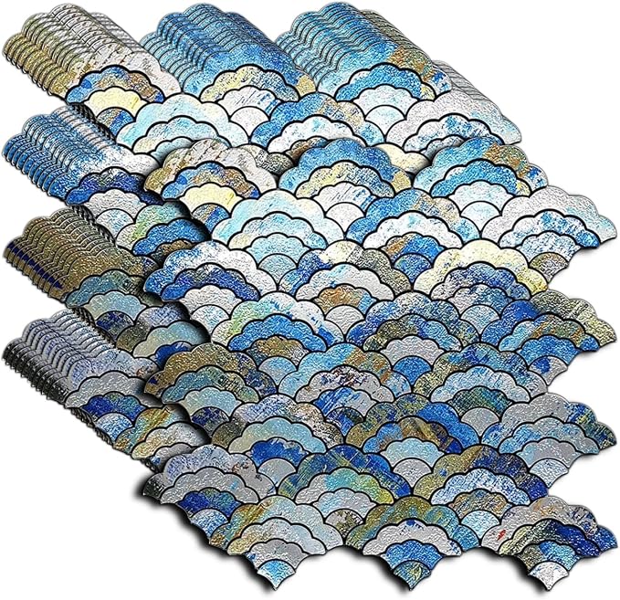 XUANINY Peel and Stick Metal Backsplash Tiles, Printing Blue, 11-Pack | Self Adhesive, Cloud-shaped Aluminum Mosaic, 3D Wall Sticker, For Kitchen Bathroom Living Room Decor