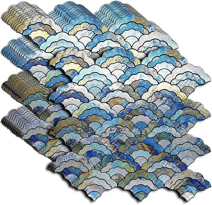XUANINY Peel and Stick Metal Backsplash Tiles, Printing Blue, 11-Pack | Self Adhesive, Cloud-shaped Aluminum Mosaic, 3D Wall Sticker, For Kitchen Bathroom Living Room Decor