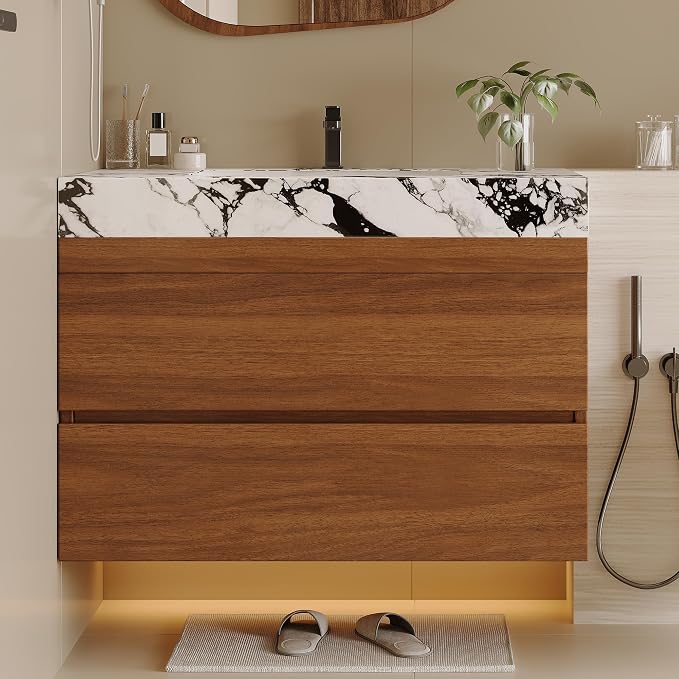 KEIKI 29.9" Bathroom Vanity with Undermount Sink Combo, Modern Floating Vanity Cabinet with 2 Drawers, Storage Wall Mounted Cabinet for Small Space, Walnut Marbe