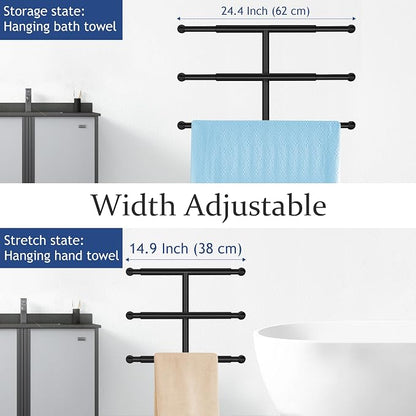 Kayfia 40'' Stainless Steel Towel Rack, Weighted Marble Base, 3 Tier | Width Adjustable Taller Design, Brushed Stainless Steel , Stable Weighted Base, Suitable For Multiple Bathroom Spaces, Black