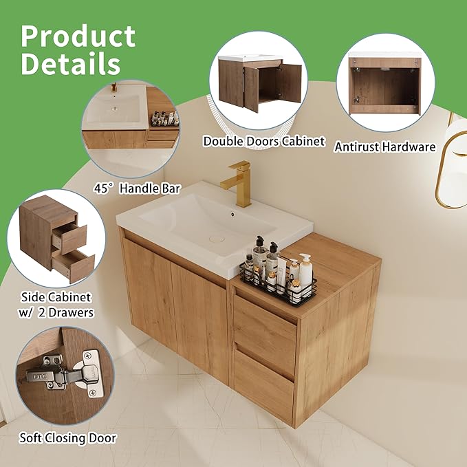 36" Bathroom Vanity Set, 36 Inch Modern Floating Vanity with 2 Doors and 2 Drawers, Single Resin Sink Wall Mount Cabinet Set, Modern Bathroom Cabinet with Sink, Soft-Closed Door and Drawer