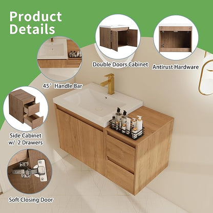 36" Bathroom Vanity Set, 36 Inch Modern Floating Vanity with 2 Doors and 2 Drawers, Single Resin Sink Wall Mount Cabinet Set, Modern Bathroom Cabinet with Sink, Soft-Closed Door and Drawer