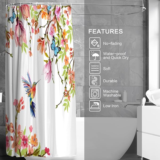 Watercolor Shower Curtain Hummingbird Floral for Bathroom 72 x 72 | Flowers Bird Shower Curtain with Hooks Waterproof Polyester Fabric Machine Washable Farmhouse Decor Bath Curtain