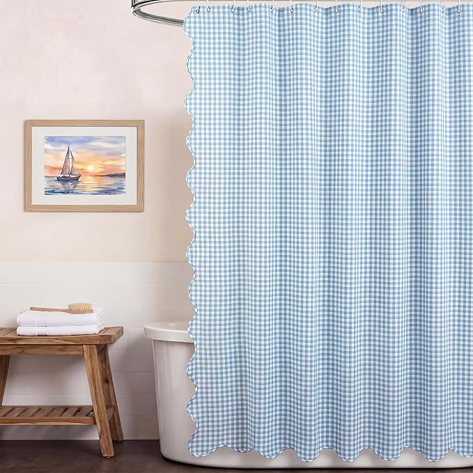 HunnmingRe Scalloped Gingham Shower Curtain Light Blue | 72'' x 72'' Vintage Farmhouse Curtain, Cotton Cottage Core Rural Checkered Plaid Decor, Fall Shower Curtain for Bathroom