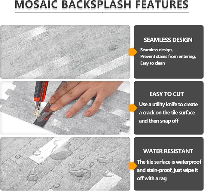 STICKGOO 20 Sheets Peel and Stick Backsplash Tile, Stick on Backsplash for Kitchen and Bathroom, Grey Marble Look PVC Mixed Metal Silver Self Adhesive Wall Tiles