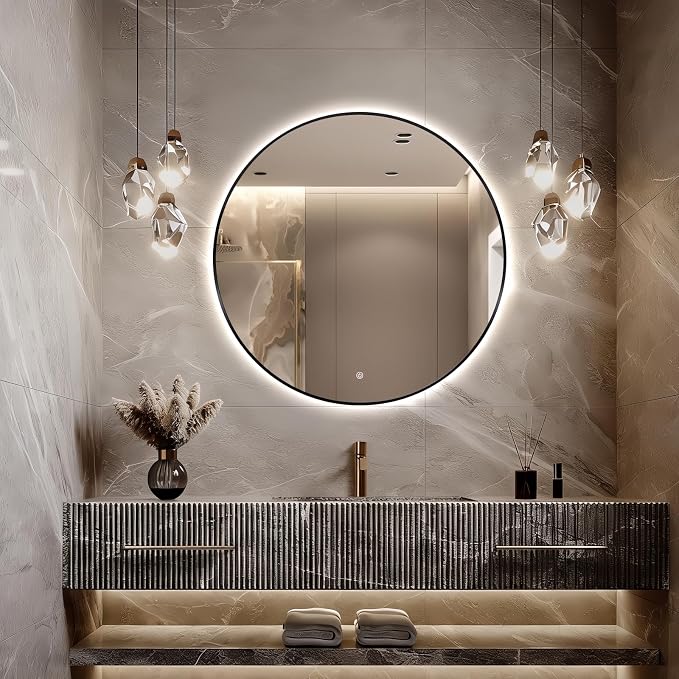 Niccy Round LED Bathroom Mirrors, Black Framed Backlit Vanity Mirror, 30" | LED Smart Circle Mirror with 3 Color Lighting, Anti-Fog Lighted, IP65 Waterproof, Wall Mounted Bathroom Vanity