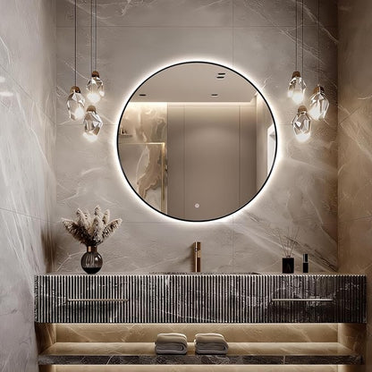 Niccy Round LED Bathroom Mirrors, Black Framed Backlit Vanity Mirror, 30" | LED Smart Circle Mirror with 3 Color Lighting, Anti-Fog Lighted, IP65 Waterproof, Wall Mounted Bathroom Vanity