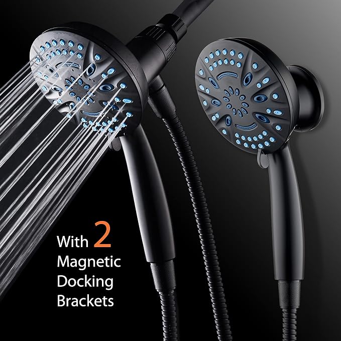AquaCare Magneton 8-Mode High Pressure Handheld Shower Head with 2 Brackets | Space-age Magnetic Guidance Docking, Giant 5-inch Face with Hygienic Jets, Extra-long 6 ft. Stainless Steel Hose / Black