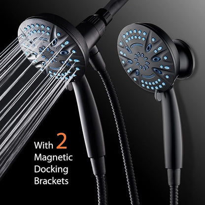 AquaCare Magneton 8-Mode High Pressure Handheld Shower Head with 2 Brackets | Space-age Magnetic Guidance Docking, Giant 5-inch Face with Hygienic Jets, Extra-long 6 ft. Stainless Steel Hose / Black