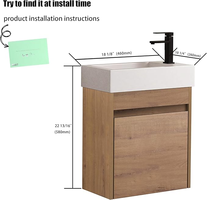 18" Bathroom Vanity with Sink, 18 Inch Floating Bathroom Vanity for Small Space, Modern Bathroom Vanity, Brown Wall Mounted Cabinet Set（005）