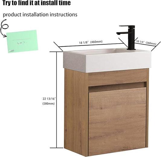 18" Bathroom Vanity with Sink, 18 Inch Floating Bathroom Vanity for Small Space, Modern Bathroom Vanity, Brown Wall Mounted Cabinet Set（005）