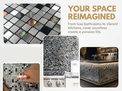 10 Pcs Peel and Stick Backsplash Mosaic Tiles, Self-Adhesive Wall Tile, Waterproof Oil Proof Stick On Tile for Kitchen, Bathroom Vanity, Fireplace & Laundry Room Decor (Mixed Dark&Silver)
