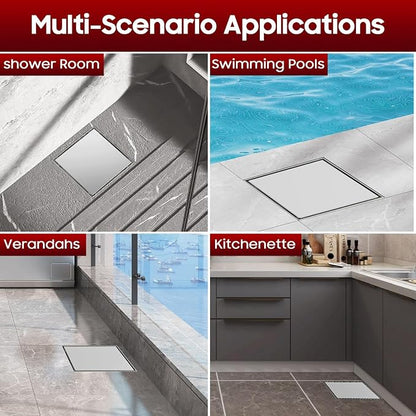 DLONE® Shower Drain | 6 Inch Brushed Nickel with Tile Insert Panel | Square Shower Drain, with Hair Catcher, Shower Floor Drain Fits Bathroom & Balcony etc