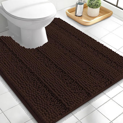 OLANLY Thick Toilet Rugs U-Shaped 24x20, Soft Chenille Bath Mat, Brown | Extra Absorbent Striped Contour Bathroom Rugs for Toilet, Dry Quickly, Machine Washable, Non-Slip
