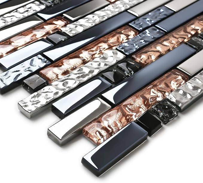 Mosaic Tiles Crystal Glass Tile Rose Gold Interlocking Chrome Silver Black Ink Blue Mosaic Bath Kitchen Fireplace Decor TSTGT107 (5 Square Feet)