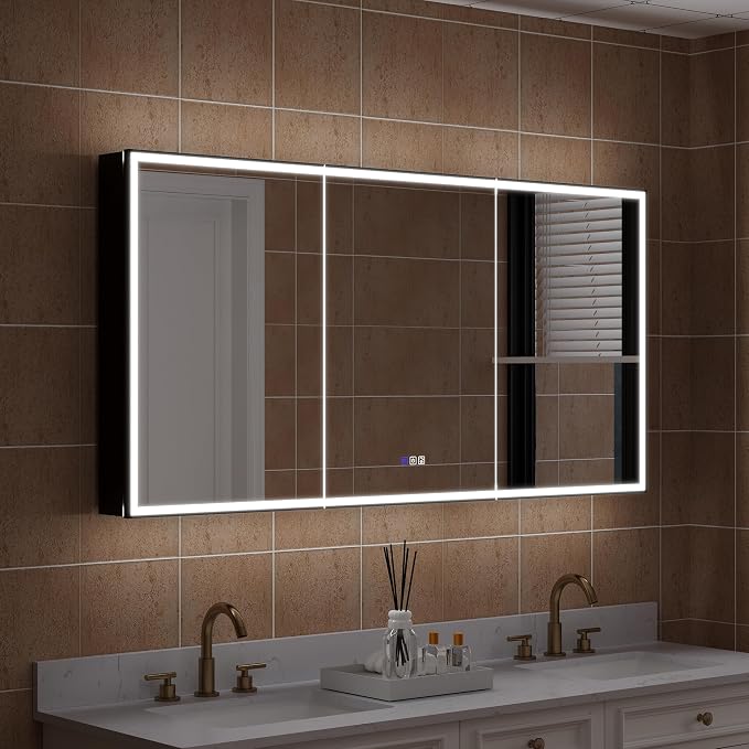 60" X 30" LED Mirrored Medicine Cabinet, Medicine Cabinets with Lights for Bathroom, Defogging Function Mirror Cabinet, Bathroom Medicine Cabinet with USB Port & Outlet, Three Opening Doors