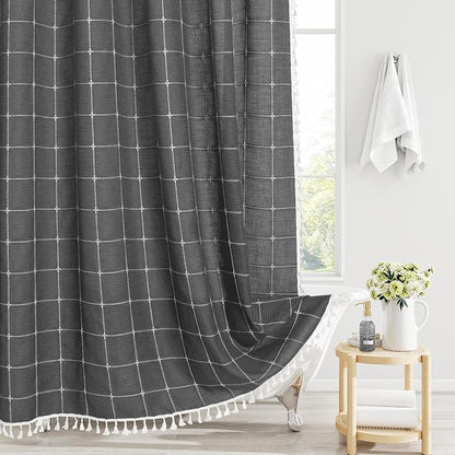 Charcoal Grey Boho Farmhouse Shower Curtain for Bathroom 72x72 | French Country Plaid Tassel Shower Curtain, Rustic Aesthetic Bathroom Decor Windows Curtain