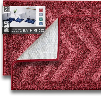 Hearth & Harbor Bathroom Rugs, Shaggy Plush Bath Mat, Ultra Soft Non Slip Backing Rubber, Chevron Design Bath Rug, Red, 2 Piece Set