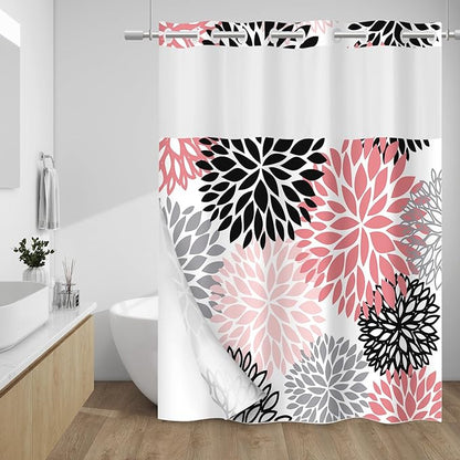 No Hook Floral Shower Curtain with Liner, Pink Grey, 71x74 | Snap in Liner, 3 in 1, Water Repellent, Easy Install, Machine Washable, Hotel Style for Bathroom, Watercolor Pattern
