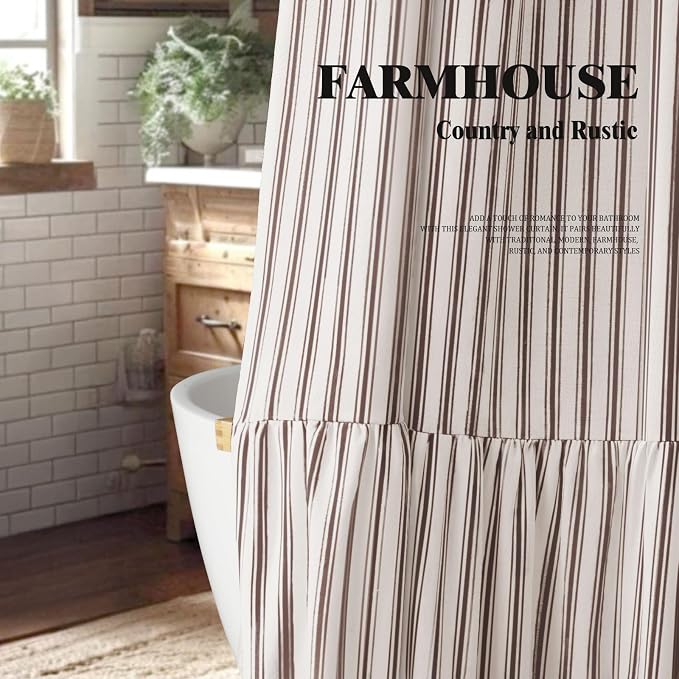 Farmhouse Shower Curtain Ruffle Linen White-Brown Stripe 72"W x 72"L | Farmhouse Boho, Striped, Bottom Ruffle, Cotton Fabric, Rustic, Country, Natural Look, Washable, for Bathroom Bathtub