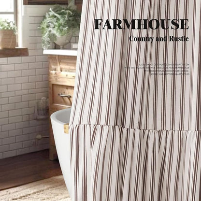 Farmhouse Shower Curtain Ruffle Linen White-Brown Stripe 72"W x 72"L | Farmhouse Boho, Striped, Bottom Ruffle, Cotton Fabric, Rustic, Country, Natural Look, Washable, for Bathroom Bathtub