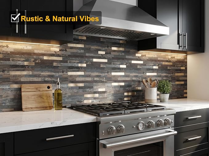 Yipscazo 40 Sheets Peel and Stick Stone Metal Backsplash, PVC Wall Tiles Stick on Tiles for Backsplash Kitchen, Bathroom, Fireplace (6'' X 12'', Ecru Rustic)