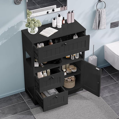 Storage Cabinet, Modern Bathroom Floor Storage Cabinet Organizer with 1 Door and 3 Drawers, Freestanding Cupboard for Kitchen/Living Room Use