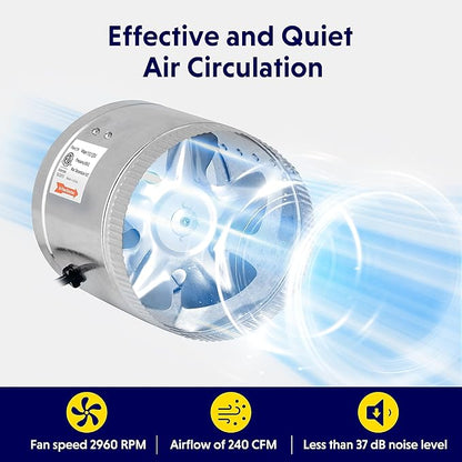 iPower 6 Inch Inline Booster, 240 CFM Exhaust HVAC, Duct Blower for Bathroom, Kitchen, Basement, Attic and Grow Tent, 6'' Fan, Silver