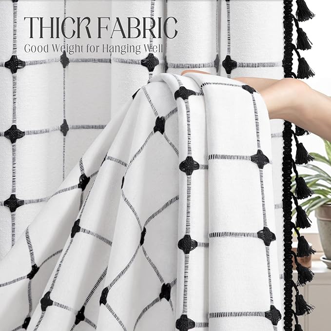 Black and White Shower Curtain Boho Linen Fabric Extra Long with Embroidered Plaid Pattern and Tassels for Bathroom,72" W×84" L