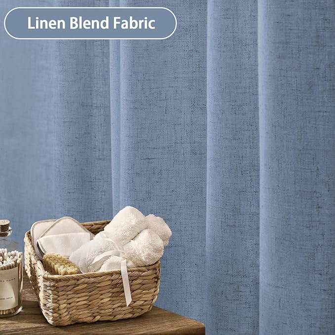 Linen Shower Curtain Blue Grey, Fabric Boho Farmhouse Shower Curtains for Bathroom Cotton Natural Cloth Liner Set 72" W x 72" L