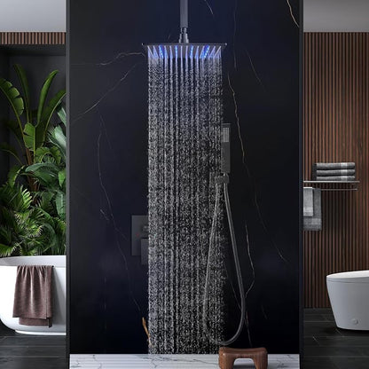 Aolemi Ceiling Shower Faucet Set with Handheld 16" LED Head Matte Black | Handheld Spray,16 Inch Rain LED Head,Shower Valve and Trim Kit,All Metal,Ceiling System,Bathroom Mixer