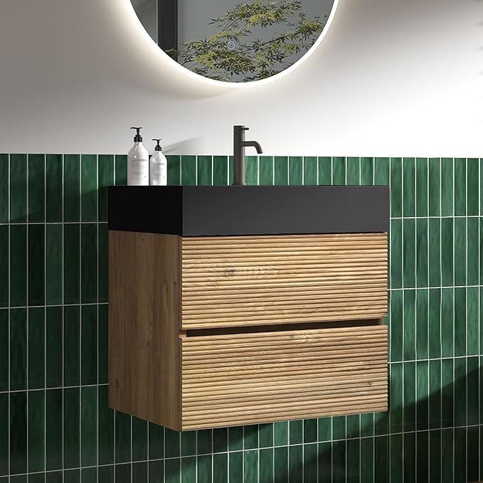 24 Inch Floating Bathroom Vanity with Black Sink, Modern Wall Mounted Floating Vanity with 2 Soft-Closing Drawers, Large Storage for Apartment, Hotel, Rough Oak